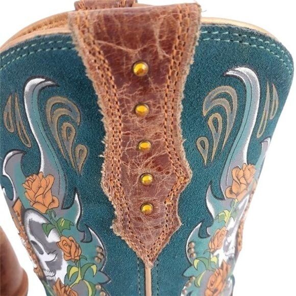 Ariat Rodeo Day Of The Dead Skull Rose Cowboy Boots Tan Turquoise Sz 8.5 - Picture 9 of 12